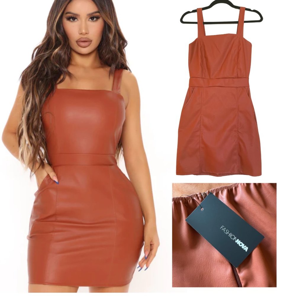 Fashion Nova Faux Leather Mini Dress | Rust | S